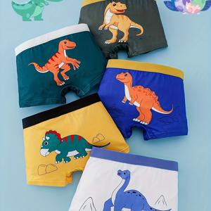 TEMU 소년용 니트 공룡 프린트 박서 브리프 5pcs, 루즈핏 캐주얼 사계절 속옷