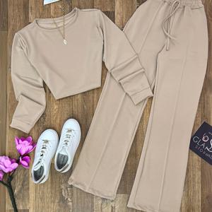 TEMU 여성용 Y2K 캐주얼 엘레강스 긴소매 크루넥 크롭 탑 & 하이웨이스트 와이드핏 와이드레그 팬츠, 캐주얼 데일리 다용도 의류용