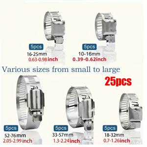 TEMU 다양한 사이즈의 스테인리스 스틸 호스 클램프 세트. 조절 가능한 스크류 기어 나선형 클램프가 특징이며, 25/64인치에서 2-3/4인치(10-76mm) 사이의 호스에 적합합니다. 자동차 연료 라인 및 배관 시스템에 이상적입니다.