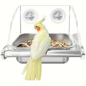 TEMU 스테인리스 스틸 투명 미끄럼 방지 새장 급식기 - 설치가 용이한 씨앗 및 물 대야, 앵무새, 사랑새, 버드기거에 적합 - 내구성이 뛰어나고 안전한 배터리 없는 애완 새 급식기