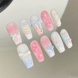 TEMU 10개입 핸드메이드 프레스온 네일 - 3D 블루 리본 & 마카롱 컬러, 롱 발레 쉐입, 여성용, 파티, 웨딩, 프롬에 적합 - 재사용 가능한 인조 네일