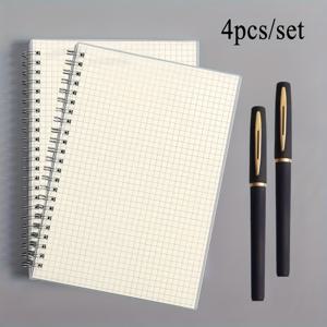 TEMU 4개 세트: A5 스파이럴 그리드 노트북, 노트북 2개 + 젤펜 2개 콤보, 유연한 플라스틱 커버, 디자인, 트윈-와이어 바인딩, 학생, 사무실, 전문가에게 이상적, 크리스마스, 할로윈, 추수감사절 선물, 다이어리, 노트패드, 백투스쿨 문구 세트