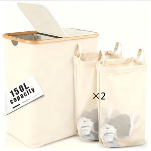 TEMU 150L 대용량 여름 빨래바구니 (뚜껑 포함), 이중 개폐구, 탈착식 내부 가방 2개 포함, 접이식, 대나무 손잡이, 졸업 시즌 빨래바구니, 학교 개학 시즌 대용량 빨래바구니, 내부 지지대 포함, 거실, 침실, 욕실용, 고용량, 크리스마스 선물, 빨래바구니