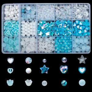 TEMU 청백색 세트 박스, 15개 수납칸, 별, 하트, 둥근 구슬 및 나비와 꽃 참 포함. 생일 선물, 우정 팔찌 만들기, DIY 주얼리 키트로 사용 가능