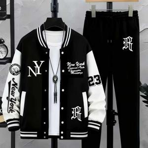 TEMU 겨울 따뜻한 재킷 & 스웨트팬츠 세트 - 레터 뉴욕 테마 프린트 패턴 - 겨울 패션 선호 - 캐주얼 따뜻한 바지 포함 - 기하학적 패턴