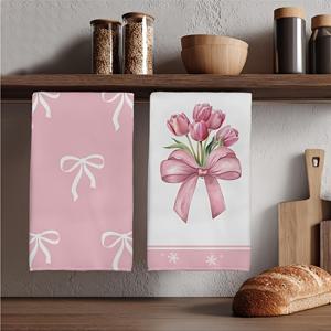 TEMU 2개입, 리본과 튤립 디자인 주방 타월, 초극세사 흡수성 핸드 타월, 행주, 건조 타월, 티 타월, 매우 부드럽고 흡수력이 뛰어남, 주방 장식, 이웃 선물, 엄마 선물, 생일 선물