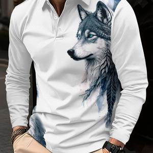 TEMU 남성용 늑대 프린트 폴로 셔츠 - 캐주얼 레귤러 핏 긴팔 티셔츠, 버튼 칼라, 사계절용 니트 원단, 약간의 신축성, 100% 섬유, 180 G/M² - 비즈니스 및 가정용