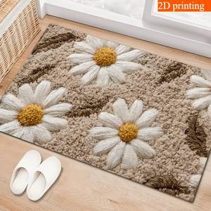 TEMU 2D 1개 베이지 플로럴 웰컴 매트 - 화이트 데이지 패턴, 세탁기 사용 가능, 주방/복도/침실 입구/욕실/세탁실용, 쉬운 세척 소재, 장식용 도어매트, 내구성 있는 폴리에스터
