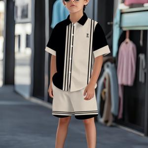 TEMU 2개 세트 남아용 크라운 트렌디 3D 프린팅 여름 셔츠와 반바지 세트, 캐주얼 가볍고 편안한 세트, 야외 스포츠에 완벽한 선택, 선물로도 적합, 야외 활동에 완벽