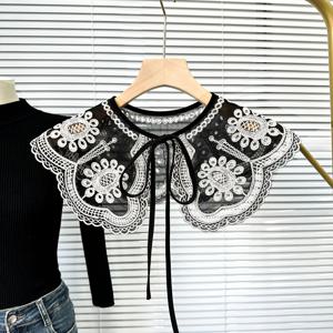 TEMU 빈티지 레이스 자수 숄 칼라, 헤비 자수 인형 칼라, 다용도 데일리 액세서리, 블랙 자수 섬세한 스트랩 숄 장식 칼라