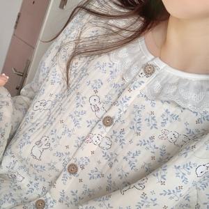 TEMU 2025 가을/겨울 신상 라운드넥 레이스 긴팔 잠옷 세트 여성용, 달콤한 토끼 프린트 두꺼운 보온 퀼트 홈웨어