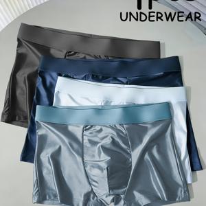 TEMU 남성용 아이스 실키 섬유 박서 브리프 4팩 - 초경량, 통기성, 중간 신축성 솔리드 컬러 쇼츠, 캐주얼 웨어에 이상적, 편안한 디자인, 매끄러운 소재, 4가지 색상: 네이비 블루/라이트 블루/그레이/블루, 대량 도매 할인