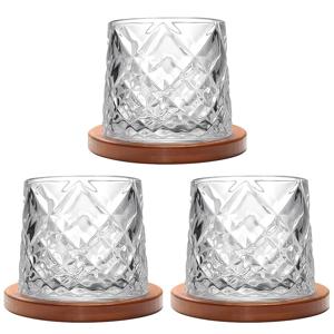 TEMU 회전식 빈티지 유리컵, 2개입 휘스키 글라스 (컵 1개 및 코스터 1개), 1세트/3세트 - 190ml(6oz) - 우드 코스터, 두꺼운, 럼 글라스, 커피, 우유, 휴식 및 스트레스 해소, 크리스마스 선물, 바 회전 주류 글라스으로 사용