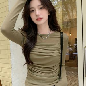 TEMU 여성용 스타일리시 반팔 탑, 긴소매, 라운드넥, 메쉬 및 플리츠 장식