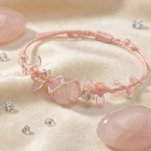TEMU 여성을 위한 내추럴 라이트 핑크 천연석 우븐 팔찌, 꽃 술 핸드메이드 매듭 젠틀 페어리 주얼리 | 사랑과 행운을 부르는 라이트 럭셔리 니치 디자인, 절친 선물, 인스타 한국 스타일 스위트 팔찌, 독특하고 스타일리시한