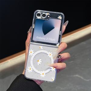 TEMU 휴대폰 케이스 - 삼성 Z Flip 7/6/5 및 갤럭시 Z Flip 3/4용 마그네틱 무선 충전 휴대폰 케이스, 흰색 국화 디자인, 충격 방지, 투명, 부드러운 TPU 소재