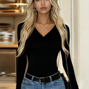 TEMU 여성용 섹시 V넥 스키니핏 긴팔 티셔츠 - 솔리드 컬러 탑, 편안한 미디엄 스트레치, 세탁기 사용 가능, 오피스 & 캐주얼 복장, 다용도 레이어링 아이템