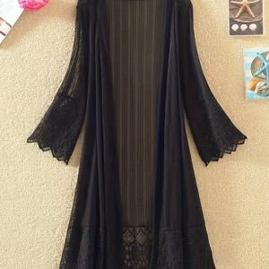 TEMU 여성용 가벼운 시스루 레이스 트림 삼분절 소매 카디건 - 슬림핏 커버업, 캐주얼 엘레강트 솔리드 컬러 봄 여름 가을 레이어링, 라운드넥, 섬세한 원단