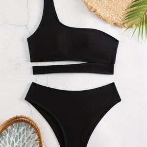 TEMU 컷아웃 원숄더 탑과 비키니 하의가 있는 단색 비키니 세트, 수영복 2개 세트