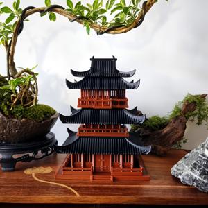 TEMU 3층 건물 고대 양식 건축 장식품 어항 조경 장식품 미니어처 조경 수륙 탱크 분재 암석 정자 모델