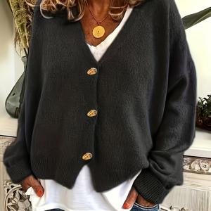 TEMU 여성용 우아한 V넥 긴팔 가디건 - 부드러운 스트레치 솔리드 컬러 버튼 프론트 디자인, 레귤러 핏 가을 겨울 스웨터, 캐주얼 & 포멀 아웃핏용 귀여운 니트웨어, 내구성 있는 겨울 의류