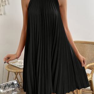 TEMU 블랙 민소매 숏 스커트 - 우아한 하이넥 주름 캐주얼 스커트 - 흐르는 듯한 A라인 2026 봄 신부 들러리용 패션