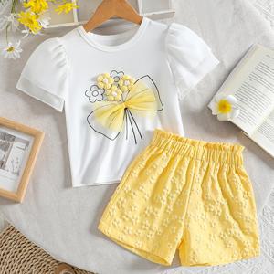 TEMU 소녀용 2피스 세트: 달콤한 입체 플로럴 메쉬 리본 라운드넥 스플라이스 더블 레이어 시폰 반팔 탑 + 버블 자카드 반바지 세트, 외출, 모임, 휴가, 여름, 발렌타인데이에 적합, 야외 활동에 완벽