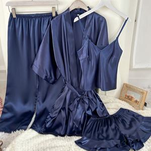 TEMU 여성용 레이온 사계절 홈웨어 세트, 캐미솔, 반바지, 바지 4종 세트