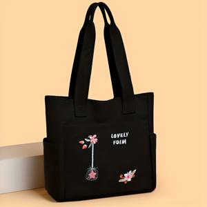 TEMU 여성용 대용량 핸드백, 패셔너블한 소형 플로럴 자수 토트백 - 직장, 일상, 쇼핑, 여행용. 가벼운 숄더백, 고정 숄더 스트랩, 지퍼 클로저, 멀티포켓 디자인. 튜터링 백, 직장, 학교, 여행, 쇼핑에 적합