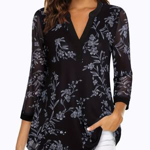 TEMU 여성용 7/8 소매 V넥 이중 레이어 메쉬 탑