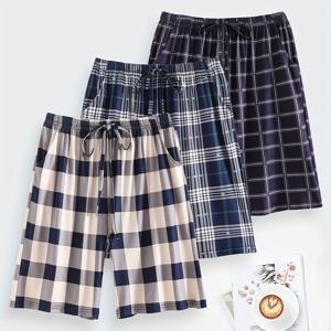 TEMU 남성용 여름 편안한 캐주얼 체크무늬 반바지 3개 세트, 조절식 허리밴드와 주머니가 있는 5인치 스트레이트핏 바지, 남성용 라운지웨어 수면 바지