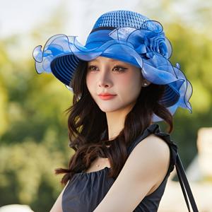 TEMU 1개 - 여성용 패셔너블 레이스 꽃이 달린 낚시꾼 모자, 큰 챙 통기성 좋은 밀짚 태양 모자, 가벼운 폴리에스터, 밝은 색상, 야외 휴가 및 해변 여행에 이상적, 봄 & 여름 착용, 친구를 위한 완벽한 생일 선물