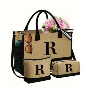 TEMU 블랙 카키 토트백 세트, 핸드백+소형 동전지갑+소형 사각백 포함, A-Z 알파벳 패턴 프린팅, 폴리에스터 소재, 데일리용, 휴가, 해변, 발렌타인데이 및 웨딩 시즌 선물용