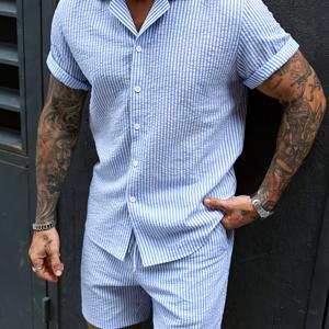 TEMU 남성 패션 버블 통기성 대조 버튼 사선 포켓 드로스트링 슈트 칼라 오픈 프론트 디자인, 데일리 캐주얼 비즈니스에 다용도, 땀 없는 여름 히트 투피스 세트