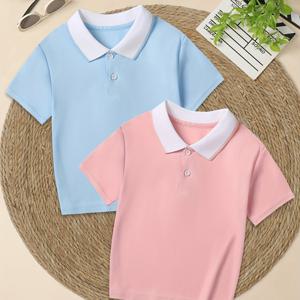 TEMU 여아용 캐주얼 스포츠 셔츠 2세트, 여름 중형 및 대형 사이즈 컬러풀 칼라 넥 반팔 탑 아웃도어 루즈 솔리드 컬러 클린 콜리지 스타일 탑 자매 세트 티셔츠, 4-12세