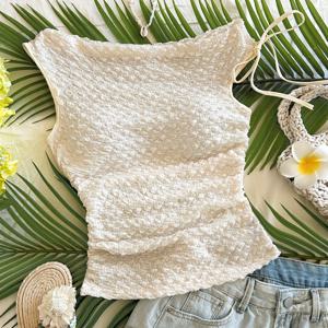 TEMU 여성 Y2K 패션 베이지 버블 텍스처 아сим메트리 스트랩 핏셔츠, 파티, 데이트, 도시 거리, 로드 트립 및 여름 해변 휴가에 완벽