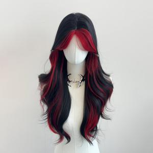 TEMU 26인치 여성용 가발 여덟 자형 앞머리 밝은 레드 유럽-미국 스타일 데일리 뮤직 페스티벌 롤플레이 파티 플러피 탈모 없는 풀가발