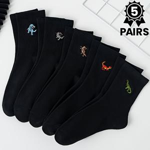 TEMU 여성을 위한 재미있는 공룡 패턴 미드 카프 양말 5켤레, 편안하고 통기성 좋은 블랙 양말로 데일리룩에 적합, 공룡 매니아에게 완벽