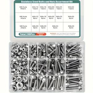 TEMU 240개 스테인리스 스틸 플랜지 너트 및 볼트 분류 세트. M5에서 M8까지 다양한 크기의 육각 머리 나사 하드웨어 키트가 특징이며, 튼튼한 정리함 상자에 모두 보관되어 있습니다.