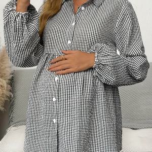 TEMU 임산부용 체크무늬 퍼프 소매 블라우스 - 루즈핏 버튼업 셔츠, 기계 세탁 가능 논스트레치 원단, 봄 여름 가을 캐주얼 웨어, 임신복, 편안한 재질, 임신 상의, 임신 중인 어머니를 위한