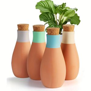 TEMU 4개 테라코타 물주기 글로브, 자동 물주기, 실내외 사용을 위한 테라코타 화분, 간편한 식물 물 공급, 화이트, 라이트 브라운 및 피치, 코르크 뚜껑 포함, 실내외 식물에 적합, 노동절, 어버이날