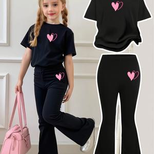 TEMU 여아용 패셔너블 여름 블랙 하트 프린트 반팔 상의 + 하트 프린트 긴 바지 2피스 세트, 야외 활동용으로 완벽