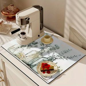 TEMU 1개 폴리에스터 식기 건조 매트, 장식적인 수채화 디자인 - 다용도 주방 카운터탑 보호대, 세탁기 및 커피메이커용 흡수성 미끄럼 방지 표면 매트, 스타일리시한 주방 용품