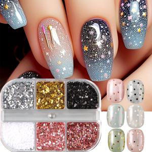 TEMU 6구획 네일 참 미니 컬러풀 스타 홀로그래픽 골드 실버 블랙 화이트 핑크 장식 아트 시퀸 매니큐어 액세서리