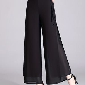 TEMU 여성용 경량 더블 레이어 쉬폰 와이드레그 팬츠 - 블랙 반투명 하이웨이스트 드로스트링, 봄 여름 가을 캐주얼 & 포멀룩, 우아한 디자인