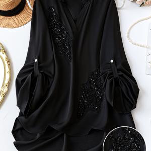 TEMU 플러스 사이즈 - 플러스 사이즈 - 플러스 사이즈 긴팔 조절 가능한 커프스 셔츠 원피스, 정교한 비즈 자수. 여성 플러스 사이즈 셔츠 및 블라우스