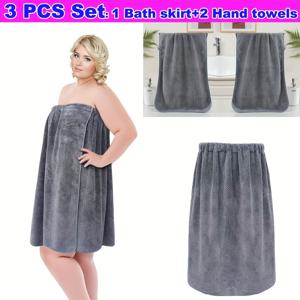 TEMU 3피스 세트 - 코랄 목욕가운 & 2XL 핸드타월 세트, 두꺼운 마이크로파이버 목욕스커트, 2가지 사이즈 옵션 및 조절 가능한 클로저로 더 나은 핏, 편안한 목욕타월 랩 & 빠른 건조 세면타월, 가족용 부드럽고 흡수력 좋은 샤워 가운 (S-XXL-XXXXL)