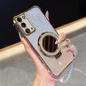 TEMU 휴대폰 케이스 - 고급스럽고 충격 방지 기능이 있는 강화 코너 휴대폰 케이스, 반짝이는 디자인. 삼성 갤럭시 노트 20과 호환되며, 거울, 마그네틱 스탠드, 투명 비즈 팔찌 체인 포함