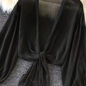 TEMU 여성용 얇은 랜턴 소매 허리 조임 가디건