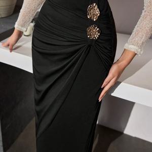 TEMU 여성 솔리드 컬러 플리츠 메탈 버튼 미디 스커트 메탈 버클 디테일 플리츠 허리 러플 스커트 출퇴근 데일리 오피스 스커트